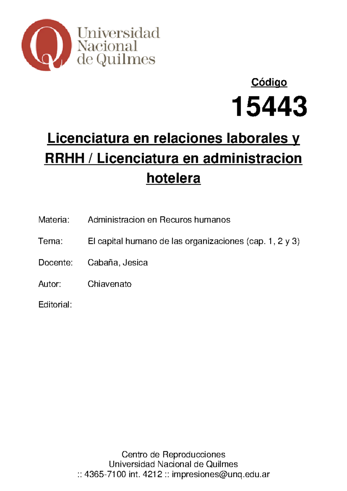 El capital humano de las organizaciones (cap. 1, 2 y 3) - Chiavenato