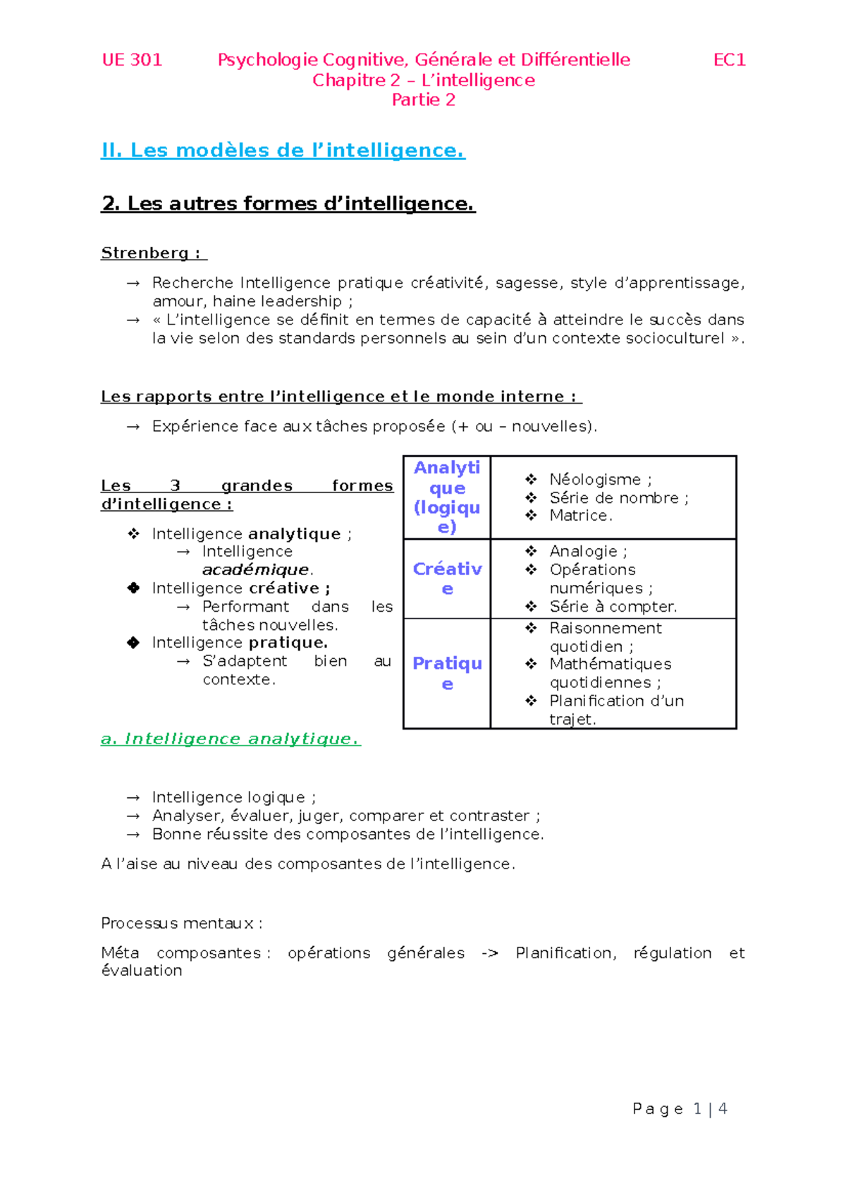 Psychologie générale L2 (Intelligence) - Les modèles de l'intelligence ...