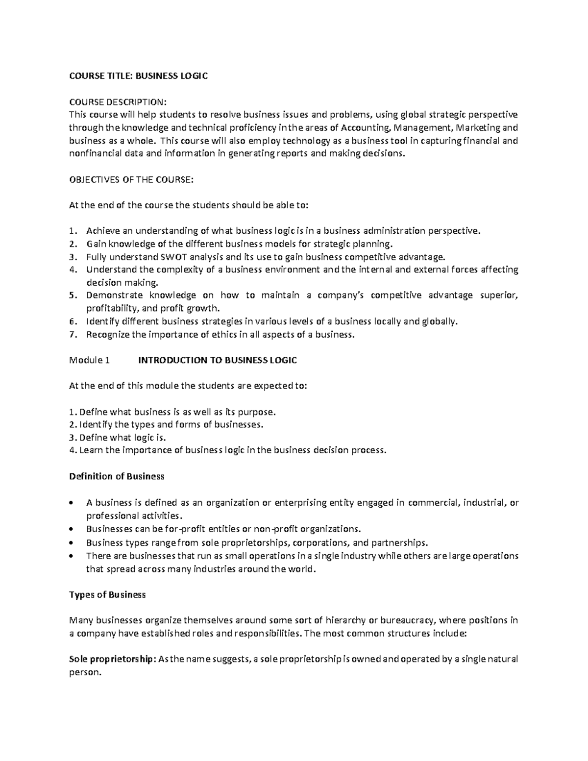 Business-Logic Module-1 - COURSE TITLE: BUSINESS LOGIC COURSE ...
