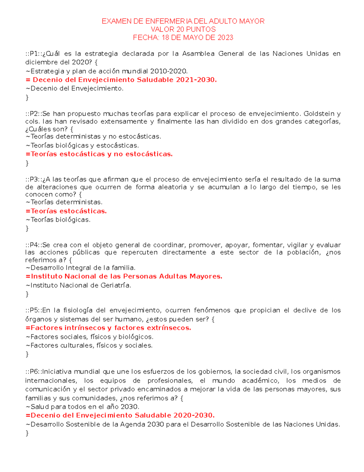 Examen Virtual Enfermería DEL Adulto Mayor - 20 Puntos - Studocu
