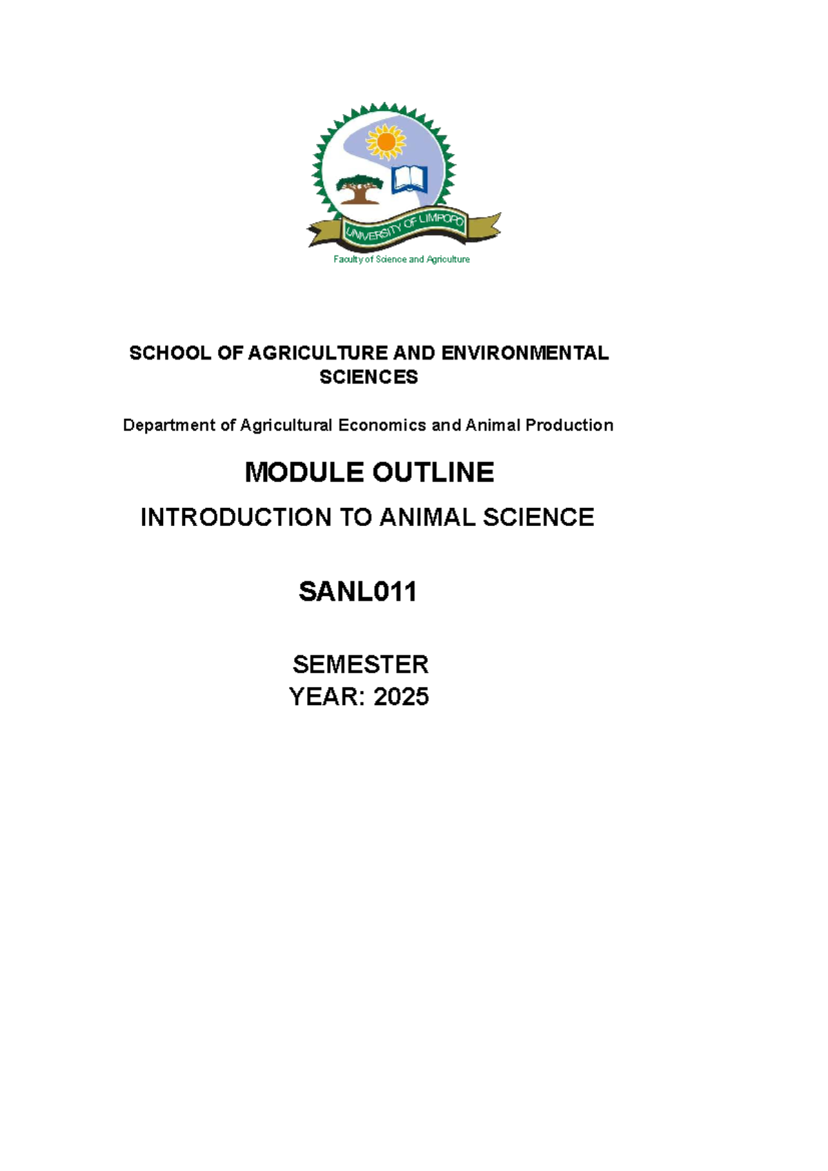 SANL011 Introduction to Animal Science Module Outline 2025 - Studocu