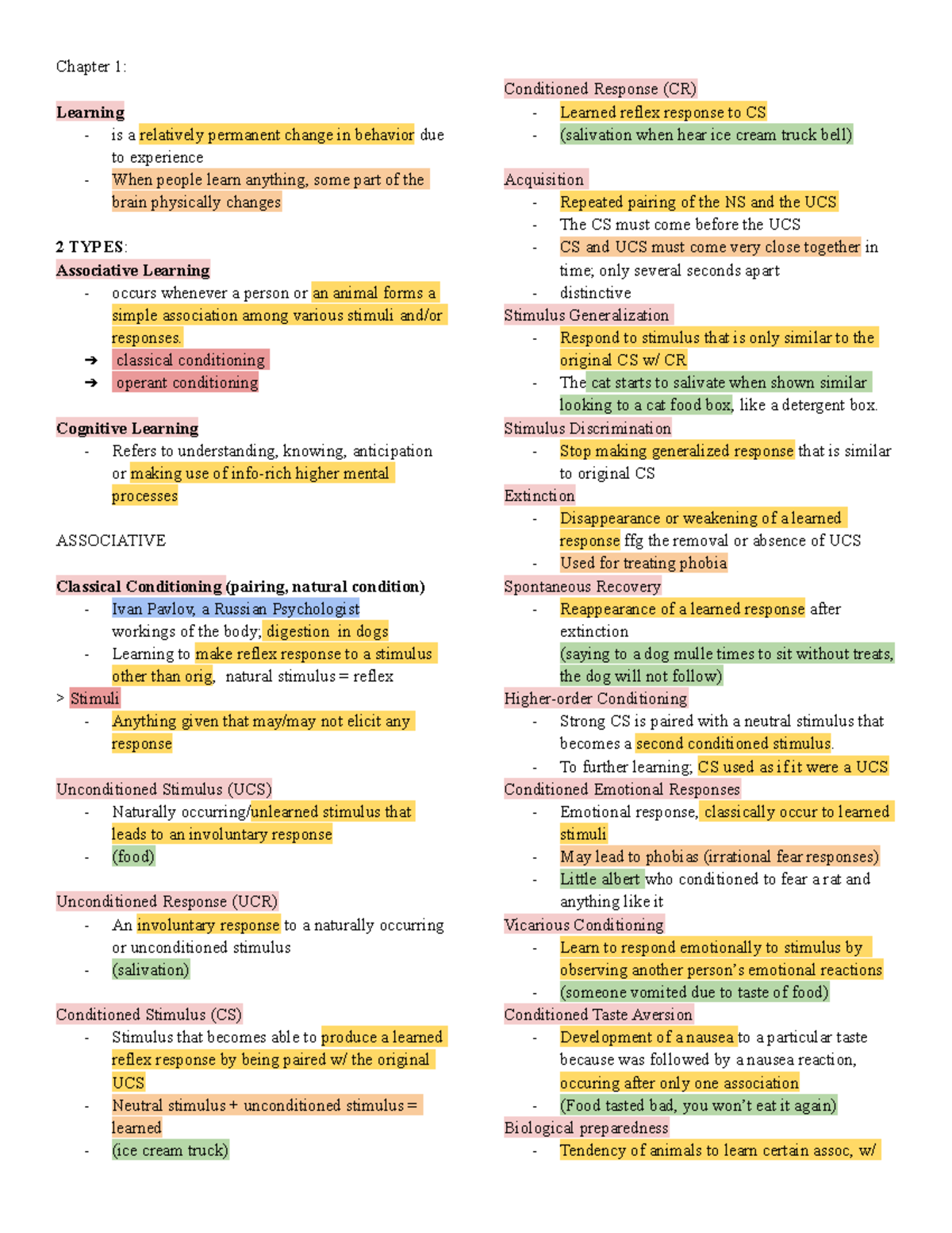 Psych 101 - Midterm Study Notes on Learning and Cognition - Studocu