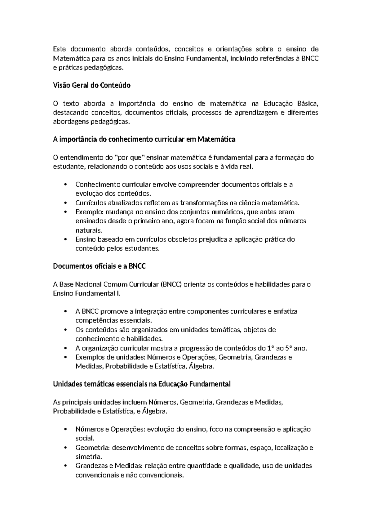 Conteúdos de Matemática para o Ensino Fundamental: Resumo e BNCC - Studocu