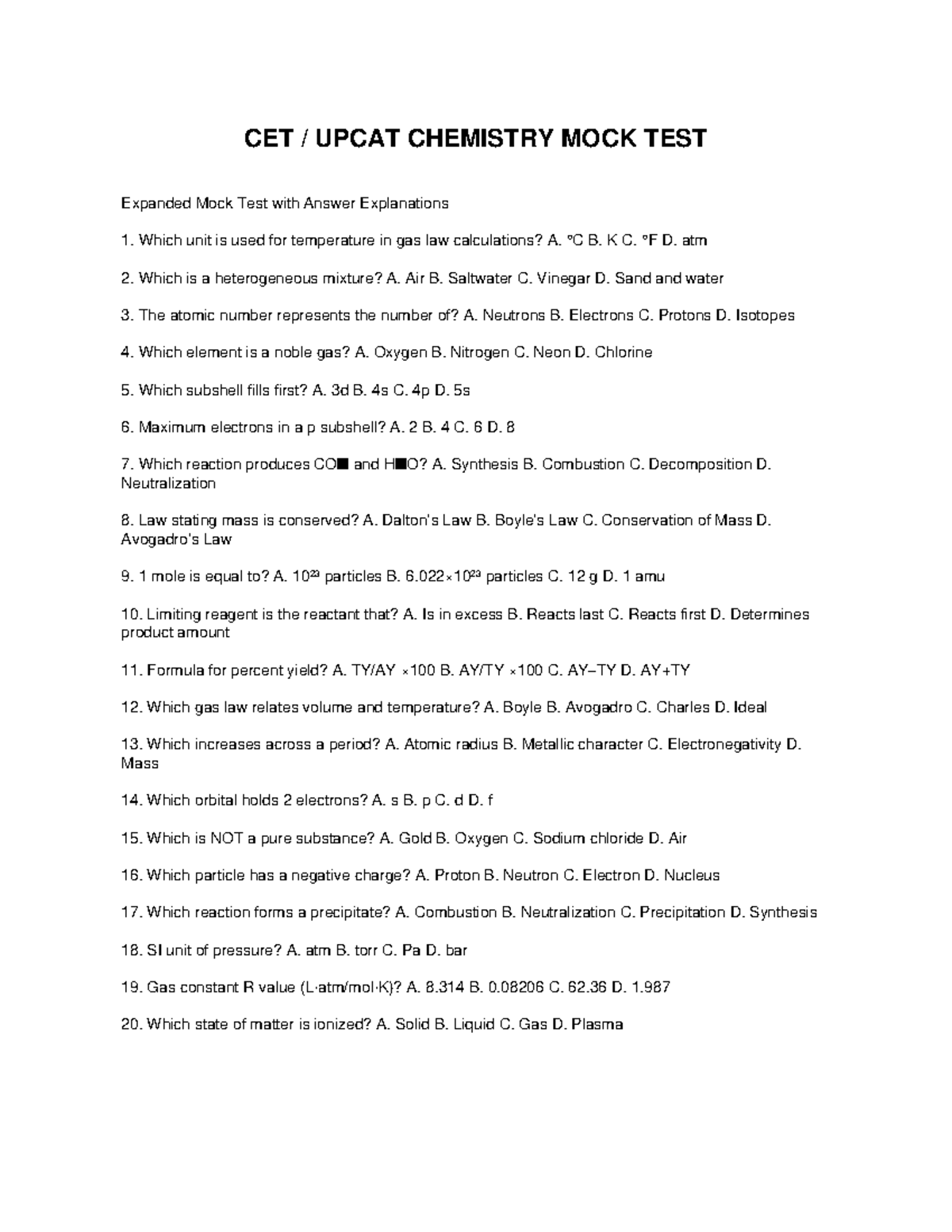 CET UPCAT Chemistry Mock Test with Detailed Answer Explanations - Studocu