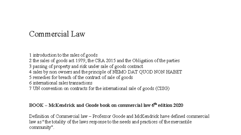 Commercial law 1: Introduction to the sales of goods and key concepts ...