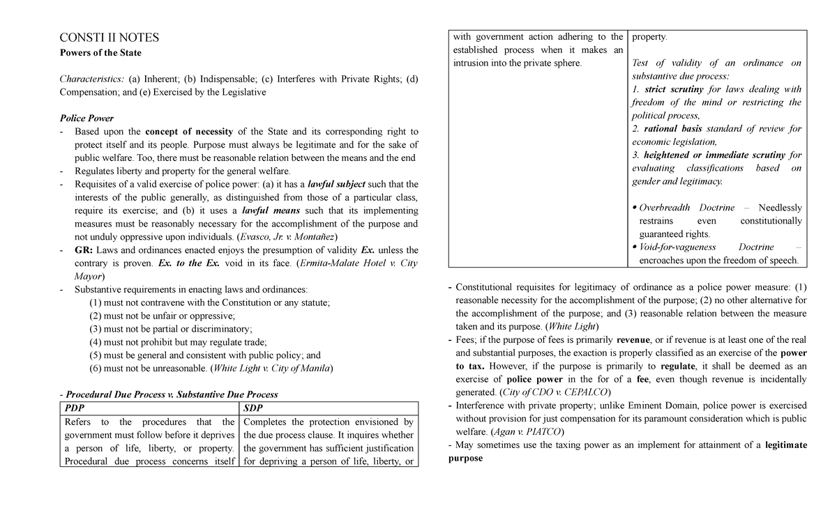CONSTI II NOTES: Powers of the State and Due Process Principles - Studocu