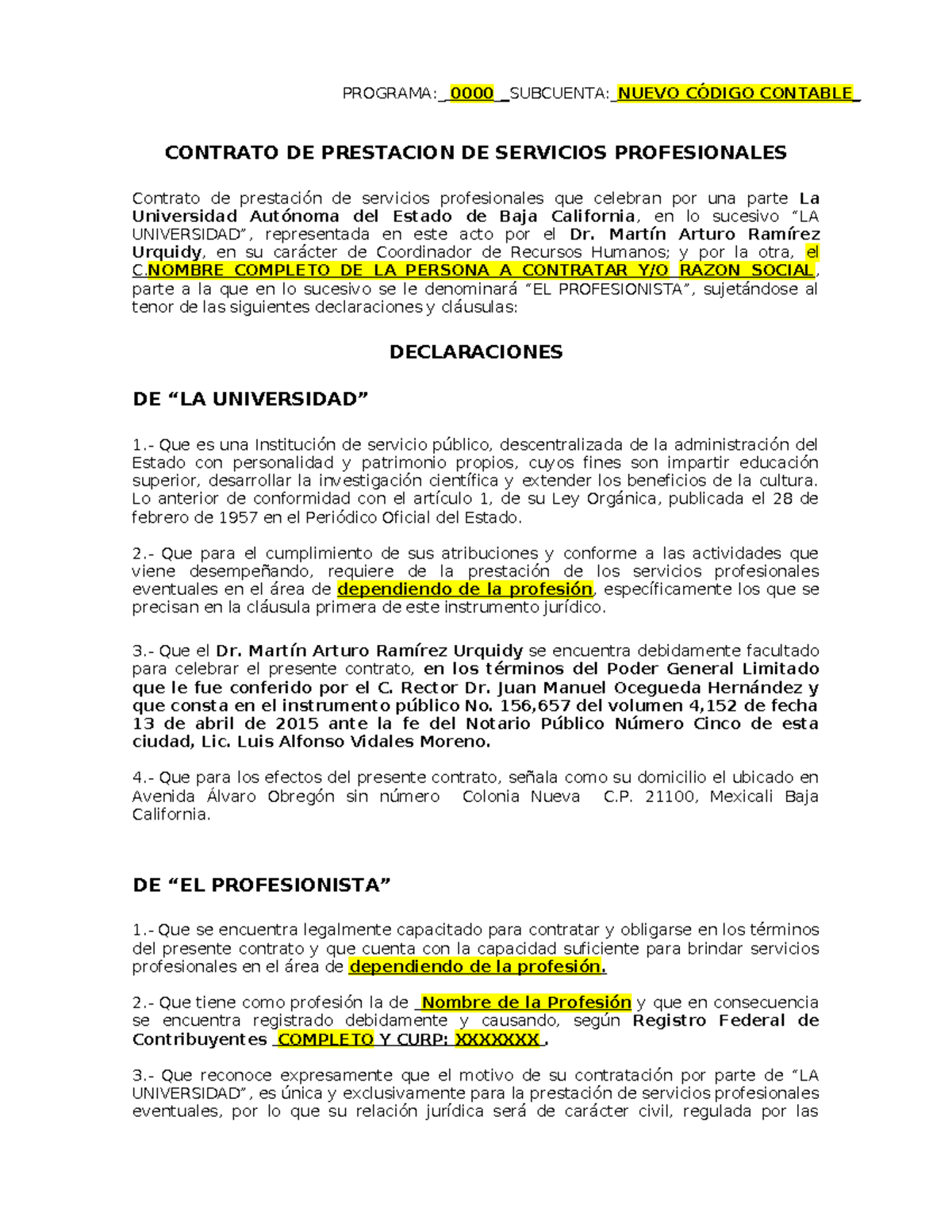 Contrato de Prestación de Servicios Profesionales - UABC - Studocu