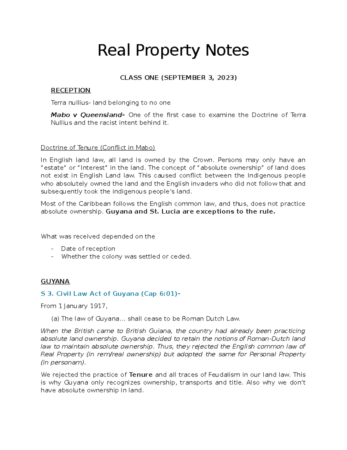 Real Property Notes - Class 1 (Sept 3, 2023) Overview - Studocu