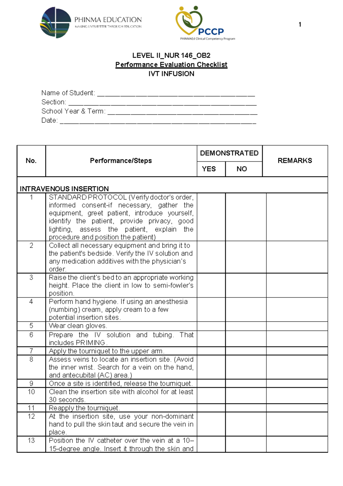 NUR 146 OB2 IVT Infusion Performance Evaluation Checklist - Studocu