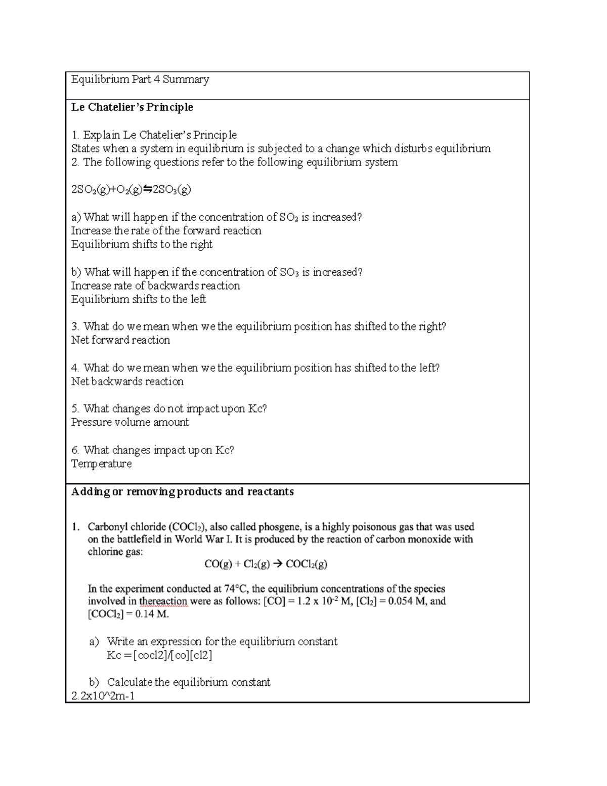 Equilibrium Concepts and Le Chatelier's Principle Summary - Studocu