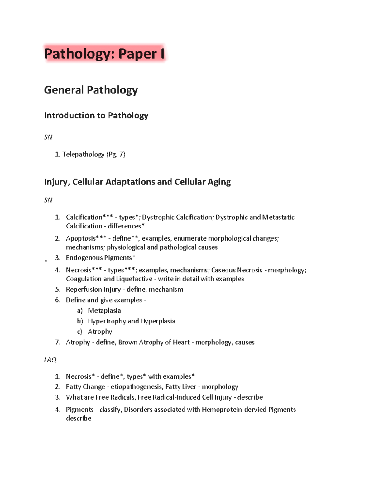 Pathology Paper I & II: Key Topics in Pathology for Study - Studocu