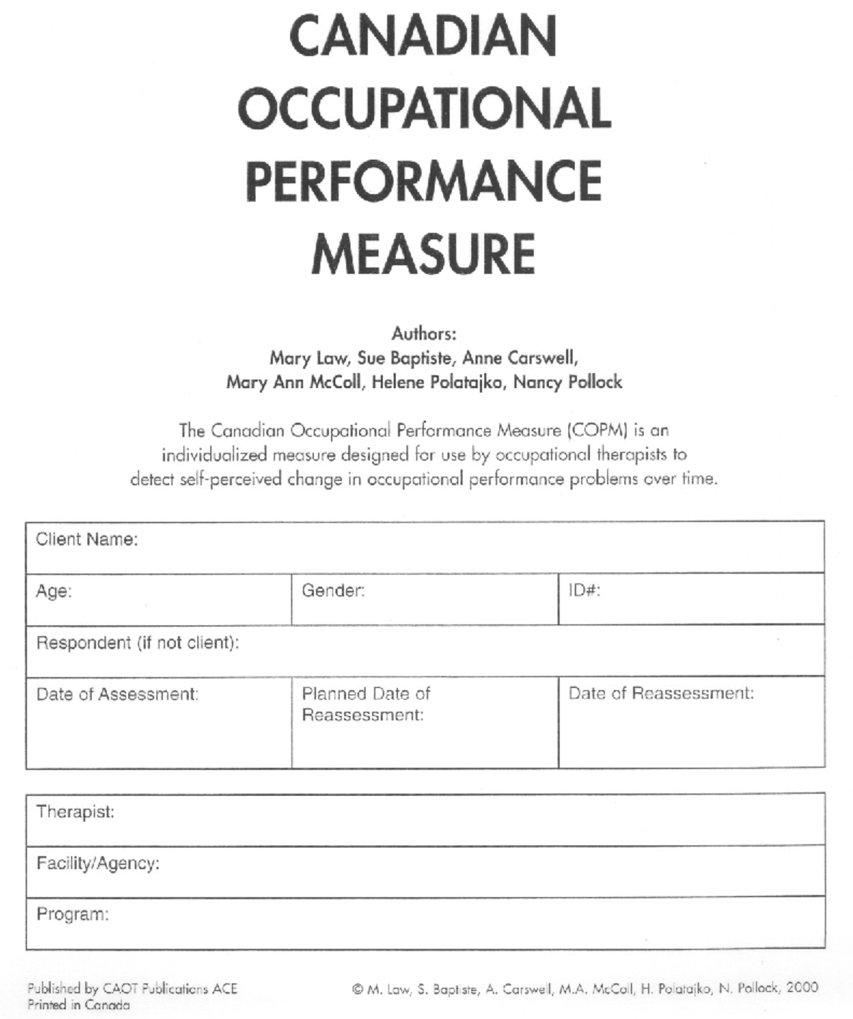 Canadian Occupational Performance Measure (COPM) Assessment Tool - Studocu