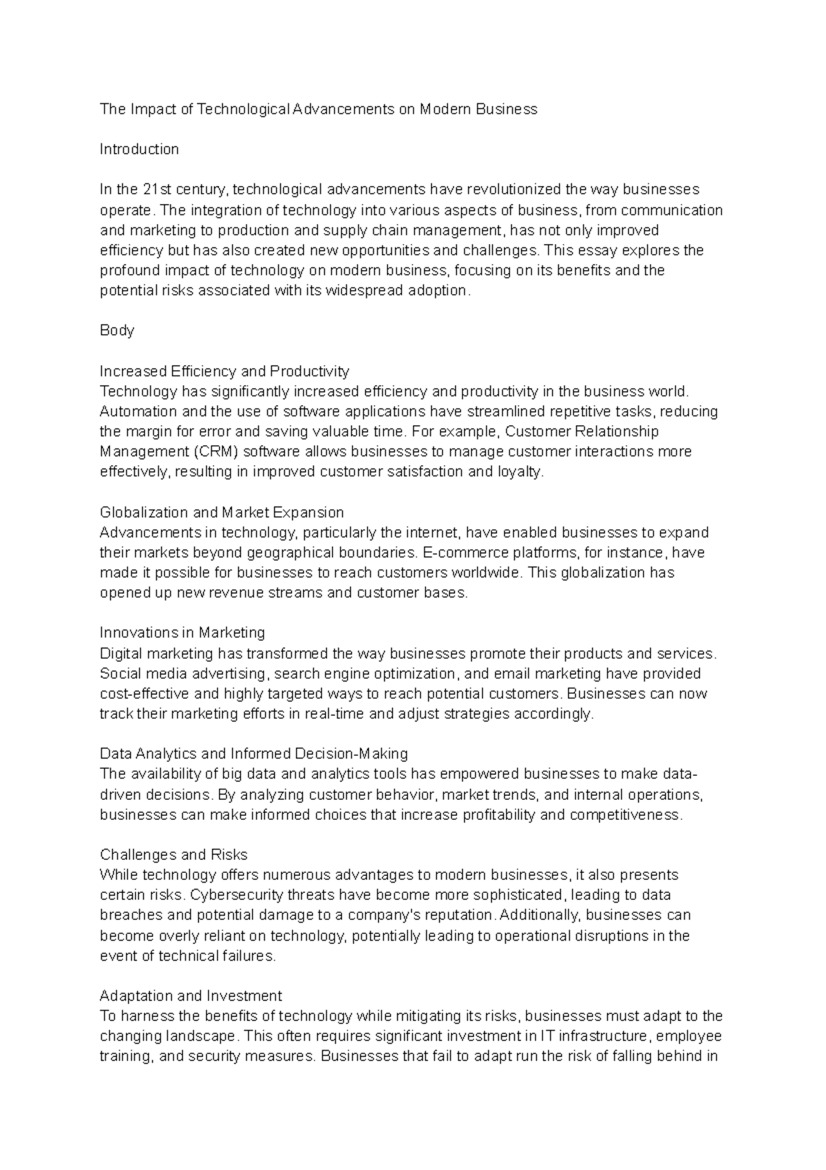 BUS 301: The Impact of Tech Advancements on Modern Business Operations ...