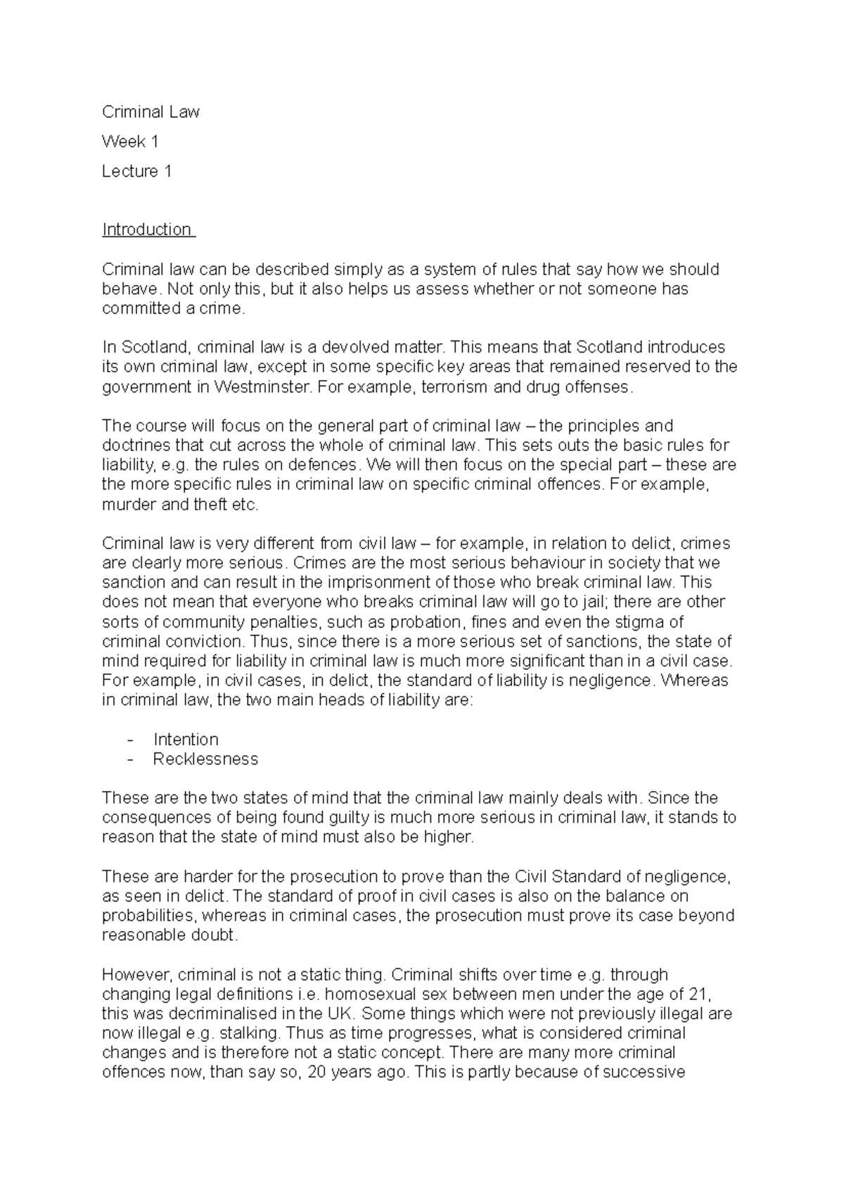 Lecture 1 - Notes for W1 L1 - Criminal Law Week 1 Lecture 1 ...