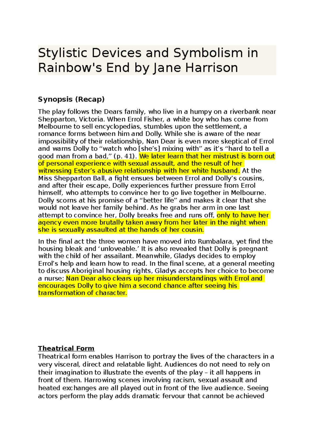 Rainbow's End (VCE) Theatrical Devices and Symbolism Analysis - Studocu