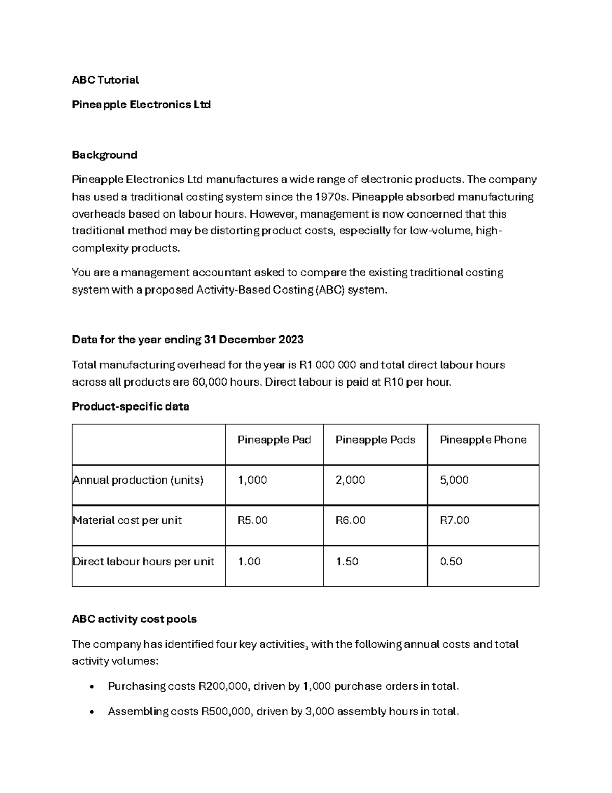 ABC Tutorial: Comparing Traditional vs. ABC Costing at Pineapple ...