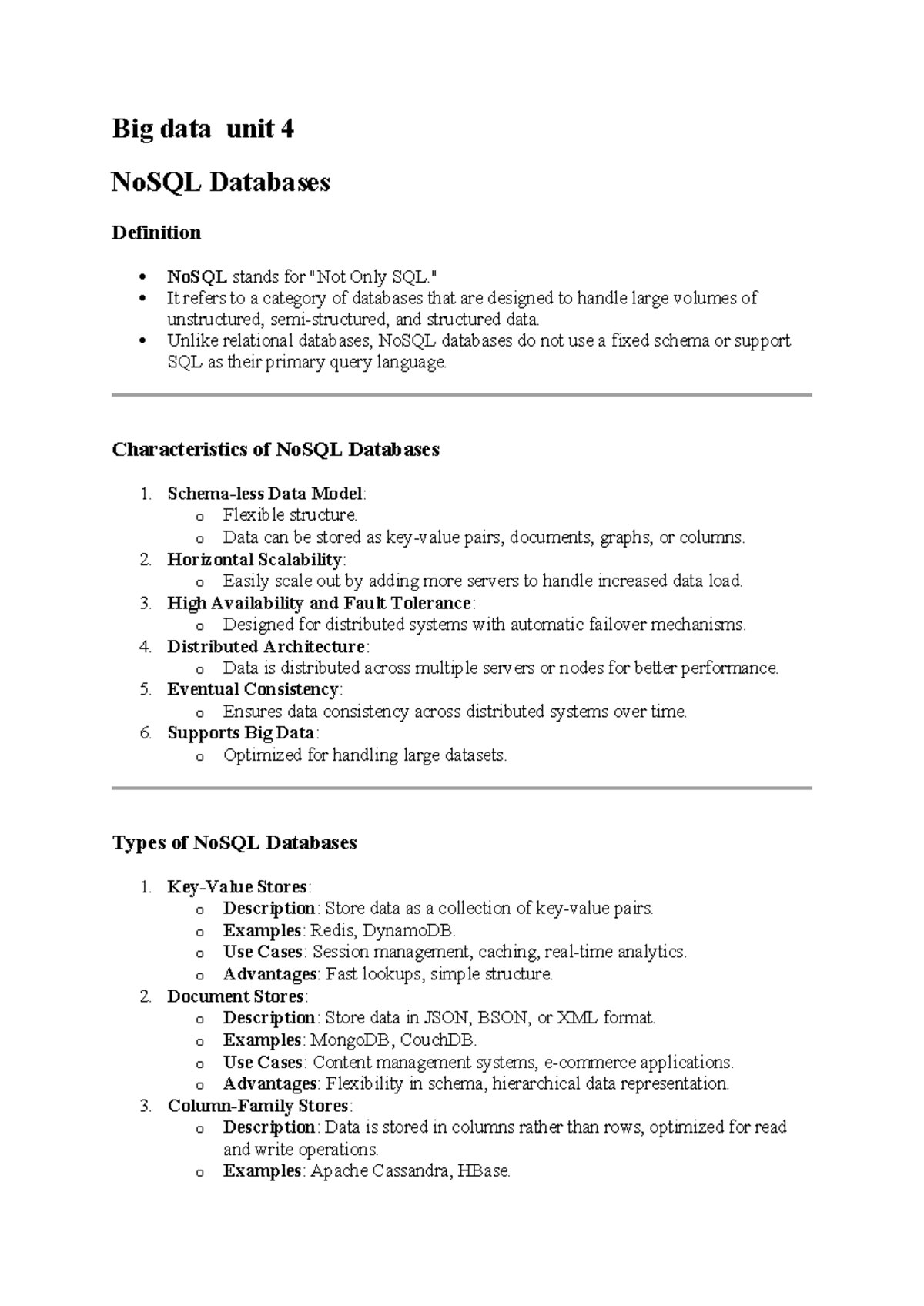 Big data 4 unit ques - note - Big data unit 4 NoSQL Databases ...