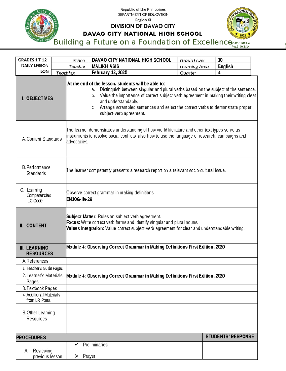 Subject-Verb Agreement Lesson Plan (Grade 10 English) - Studocu