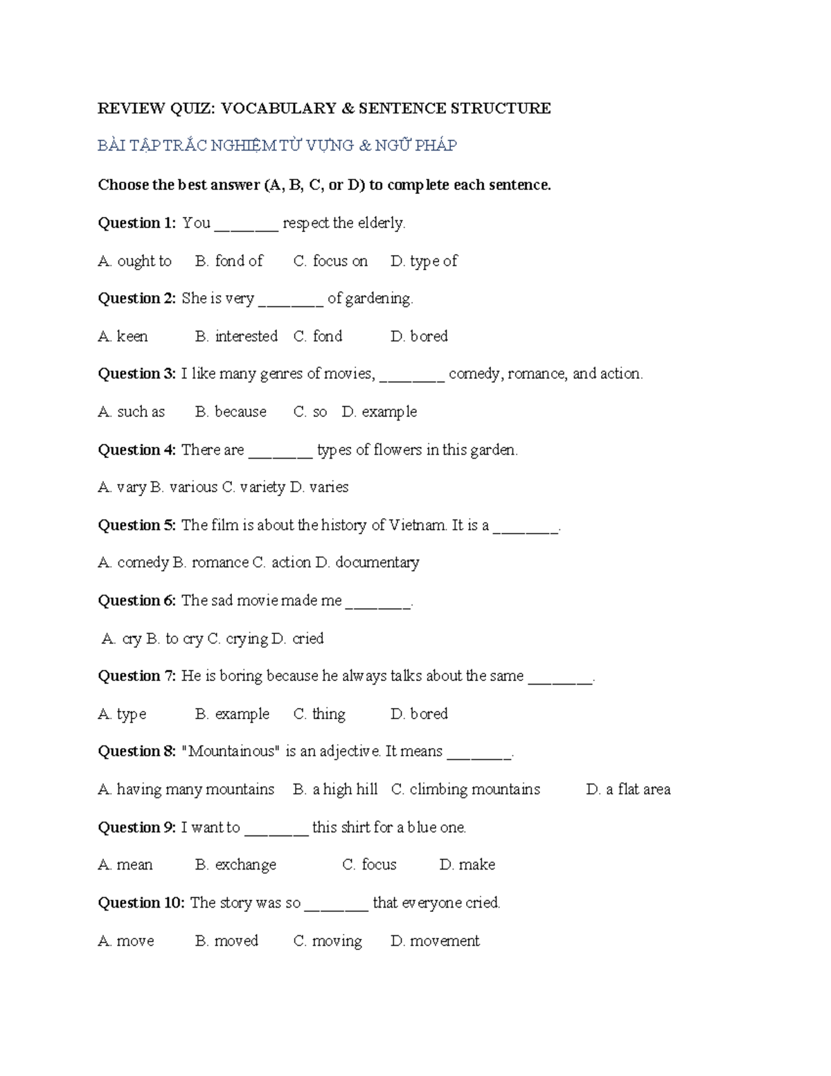 REVIEW QUIZ: VOCABULARY & SENTENCE STRUCTURE TEST BÀI CŨ 1 - Studocu