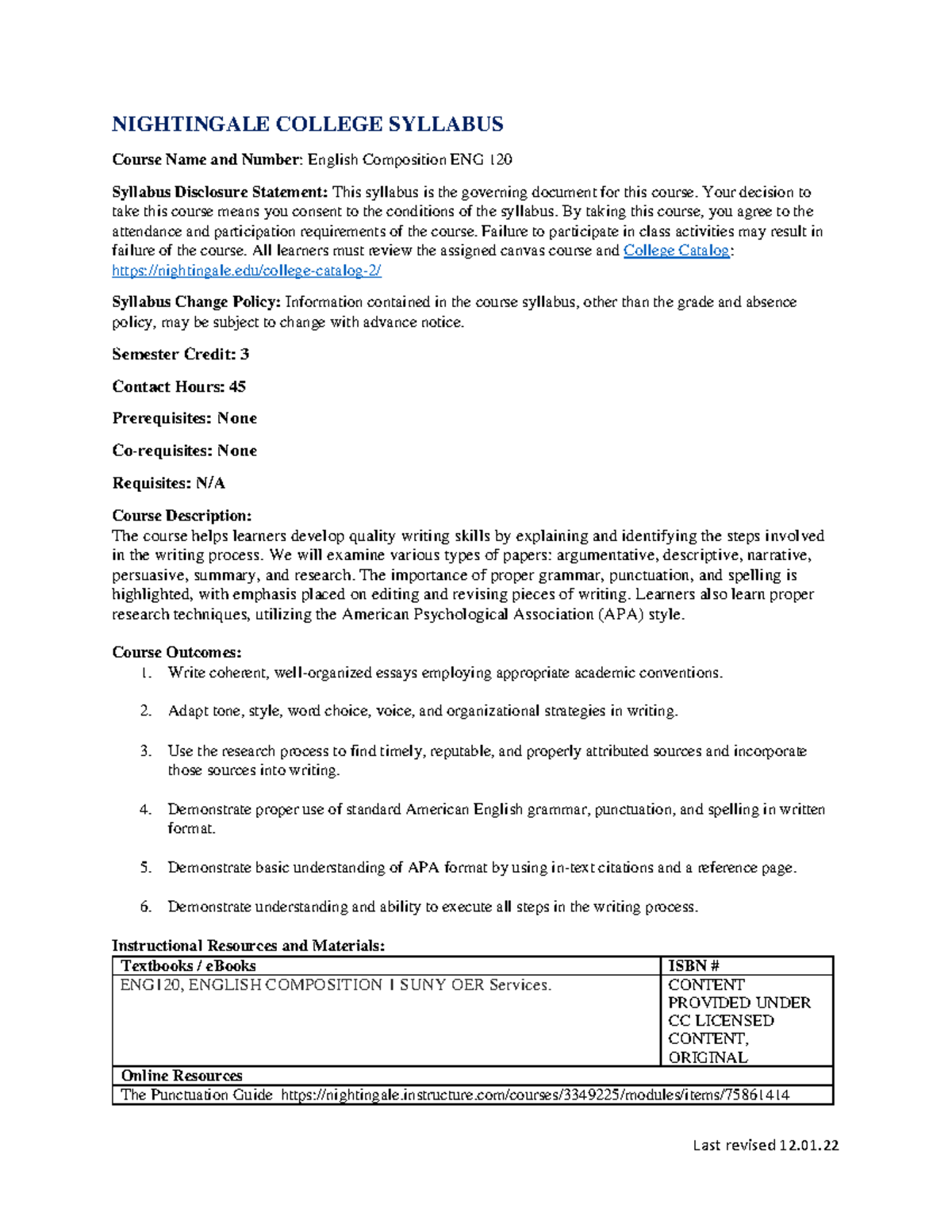 ENG 120 English Composition Course Syllabus - Updated 2023 - Studocu