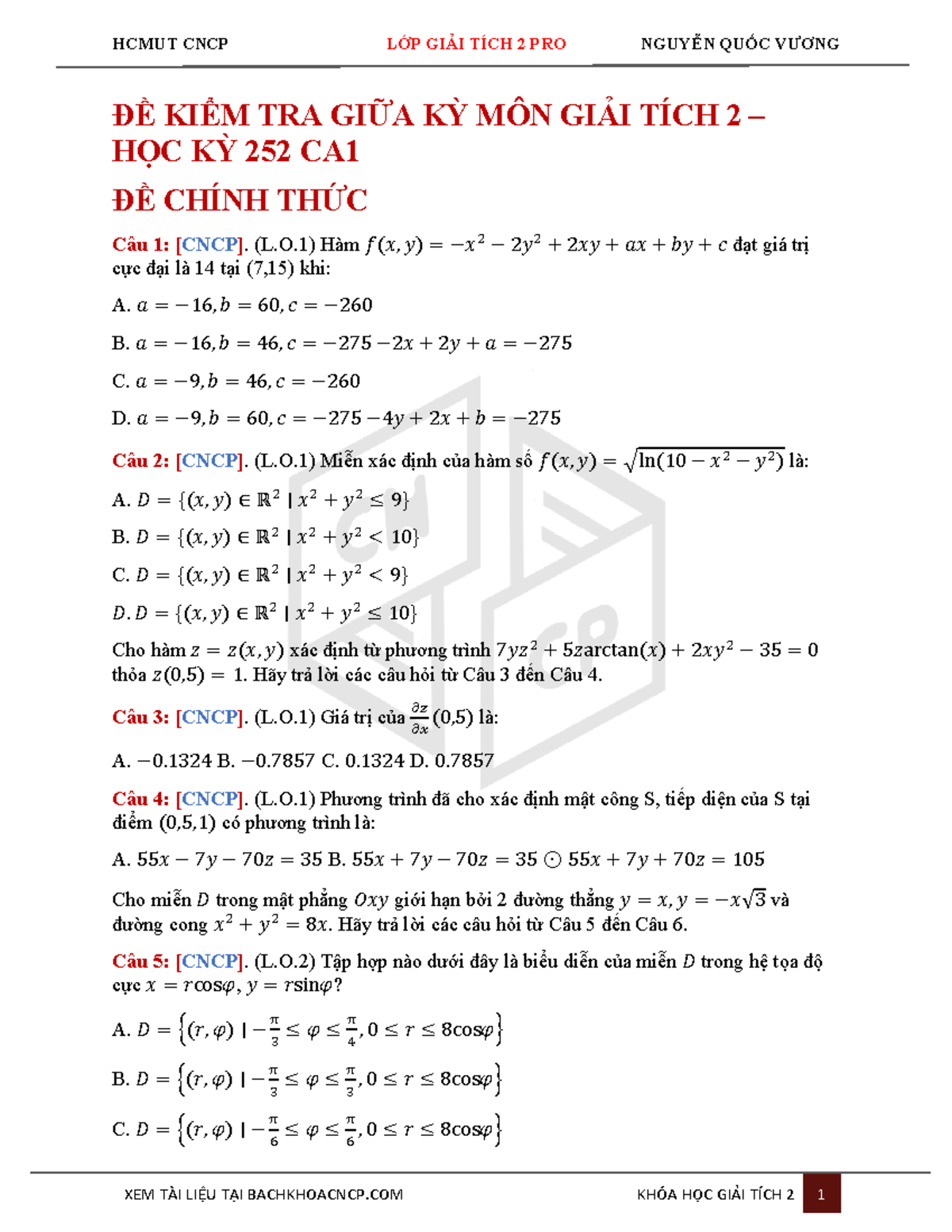 HCMUT CNCP ĐỀ KIỂM TRA GIỮA KỲ MÔN GIẢI TÍCH 2 HK252 CA1 - Studocu