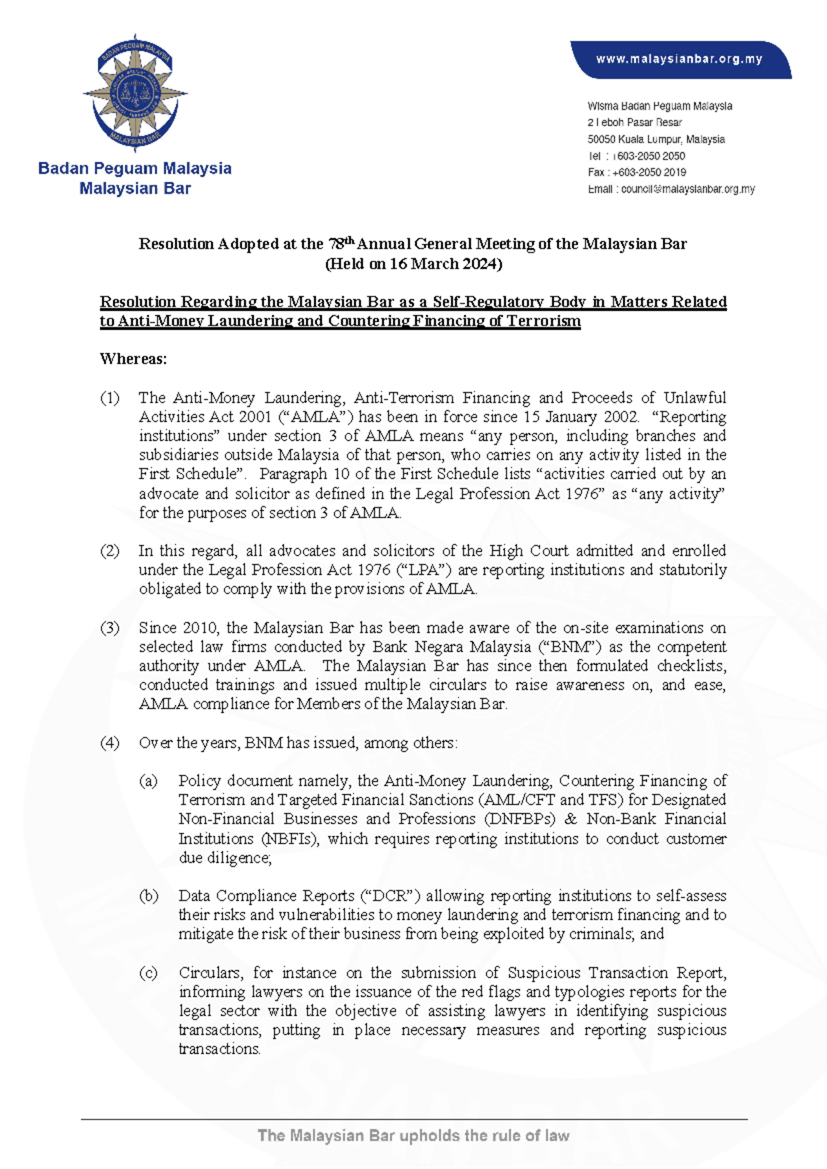 2. Resolution Regarding the Malaysian Bar as a Self-Regulatory Body in ...