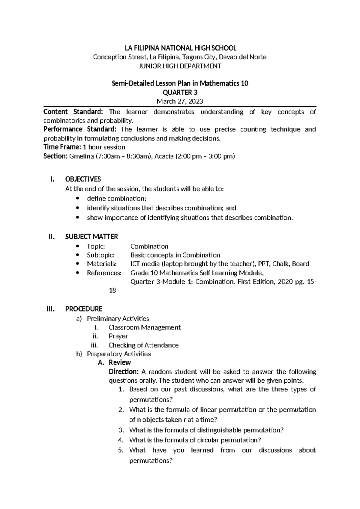 Mathematics 10: Semi-Detailed Lesson Plan on Combination - Studocu