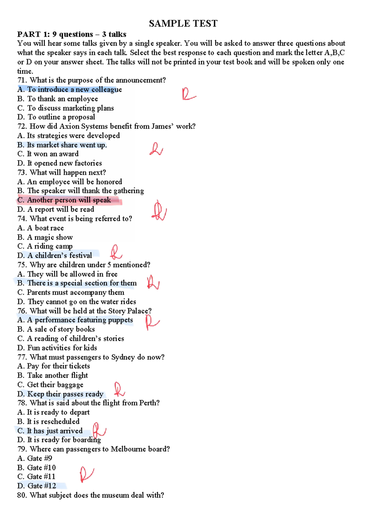 SAMPLE TEST: Listening Test Part 1 & 2 Questions - Studocu