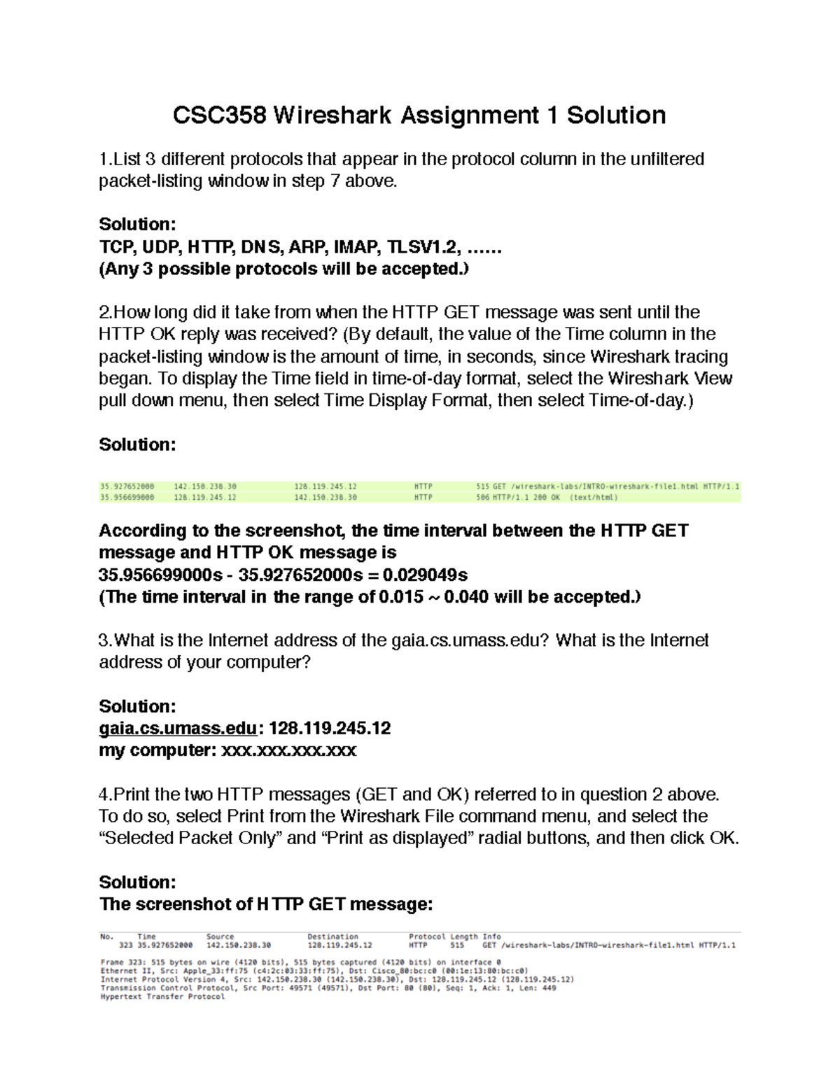 CSC358 Wireshark Assignment 1 Solutions and Protocol Analysis - Studocu