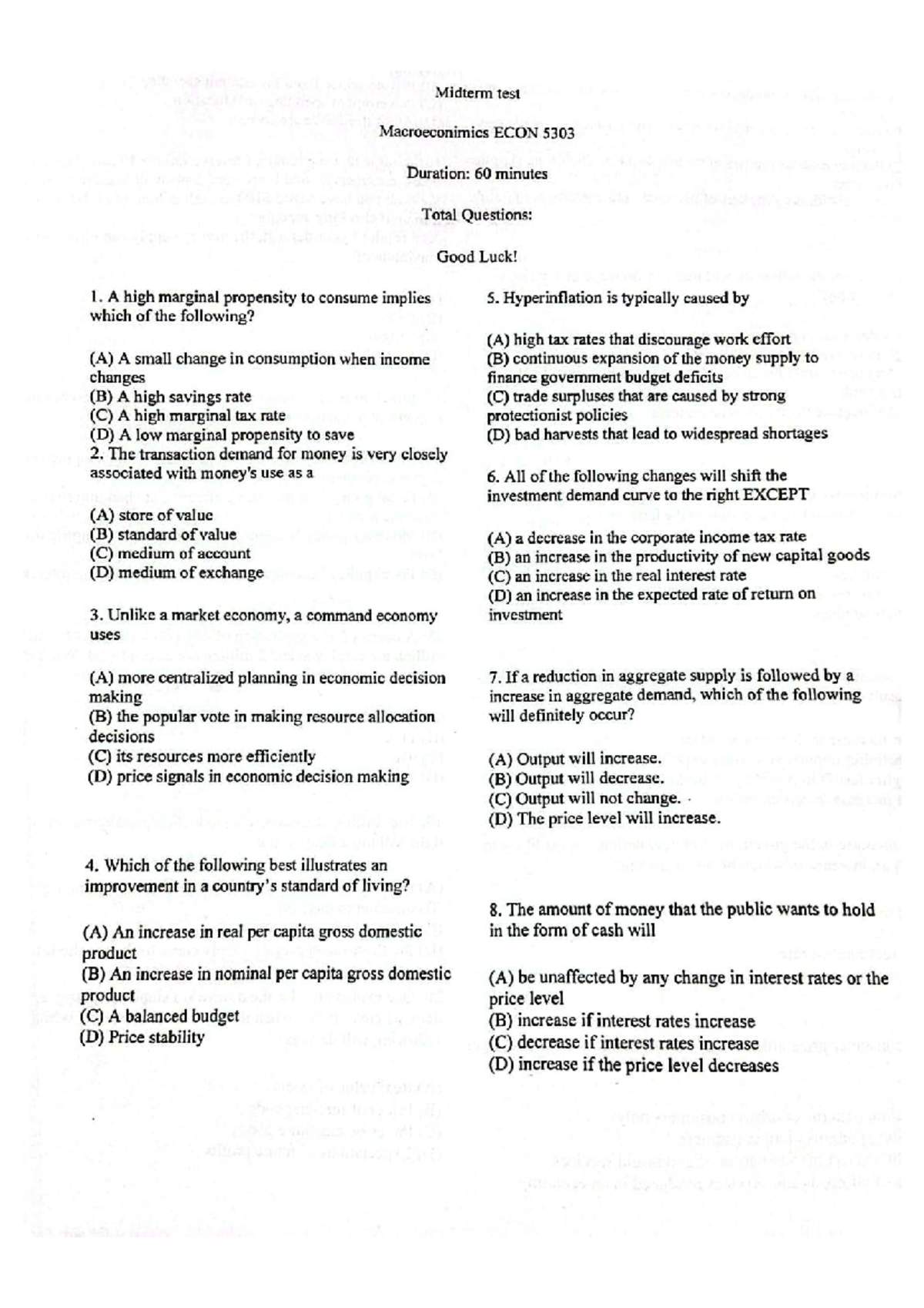 Midterm Exam Macroeconomics ECON 5303 - Questions and Answers - Studocu