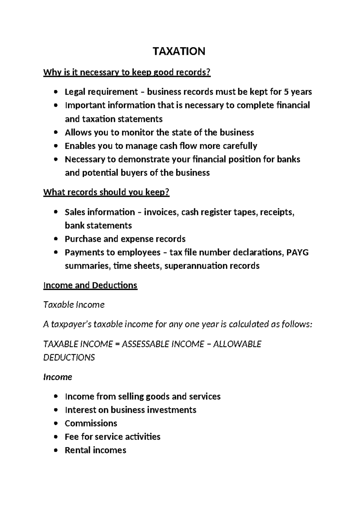 TAXATION Tute Notes: Importance of Record Keeping and Compliance - Studocu
