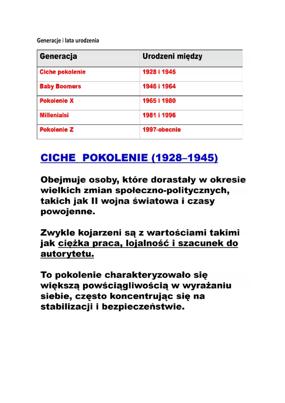 Kohorta - Notatki - Generacje i lata urodzenia Generacja Urodzeni ...
