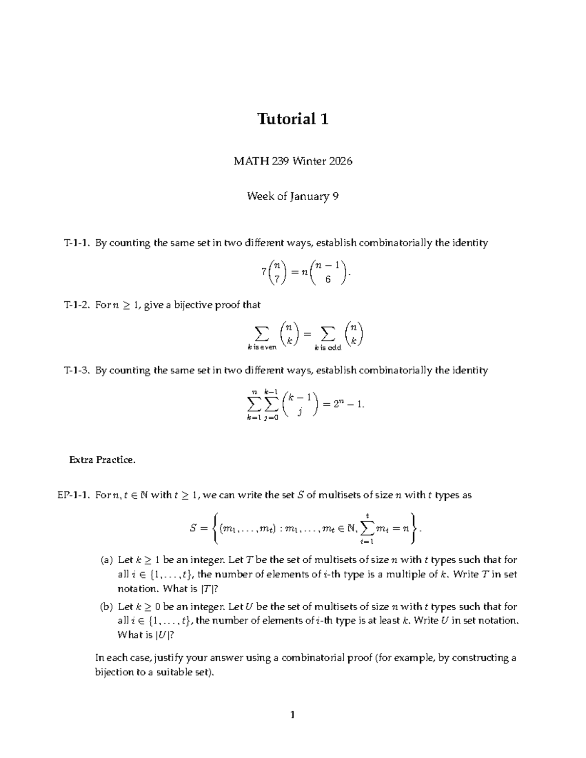 Tutorial 1 MATH 239 Winter 2026: Combinatorial Identities and Proofs ...