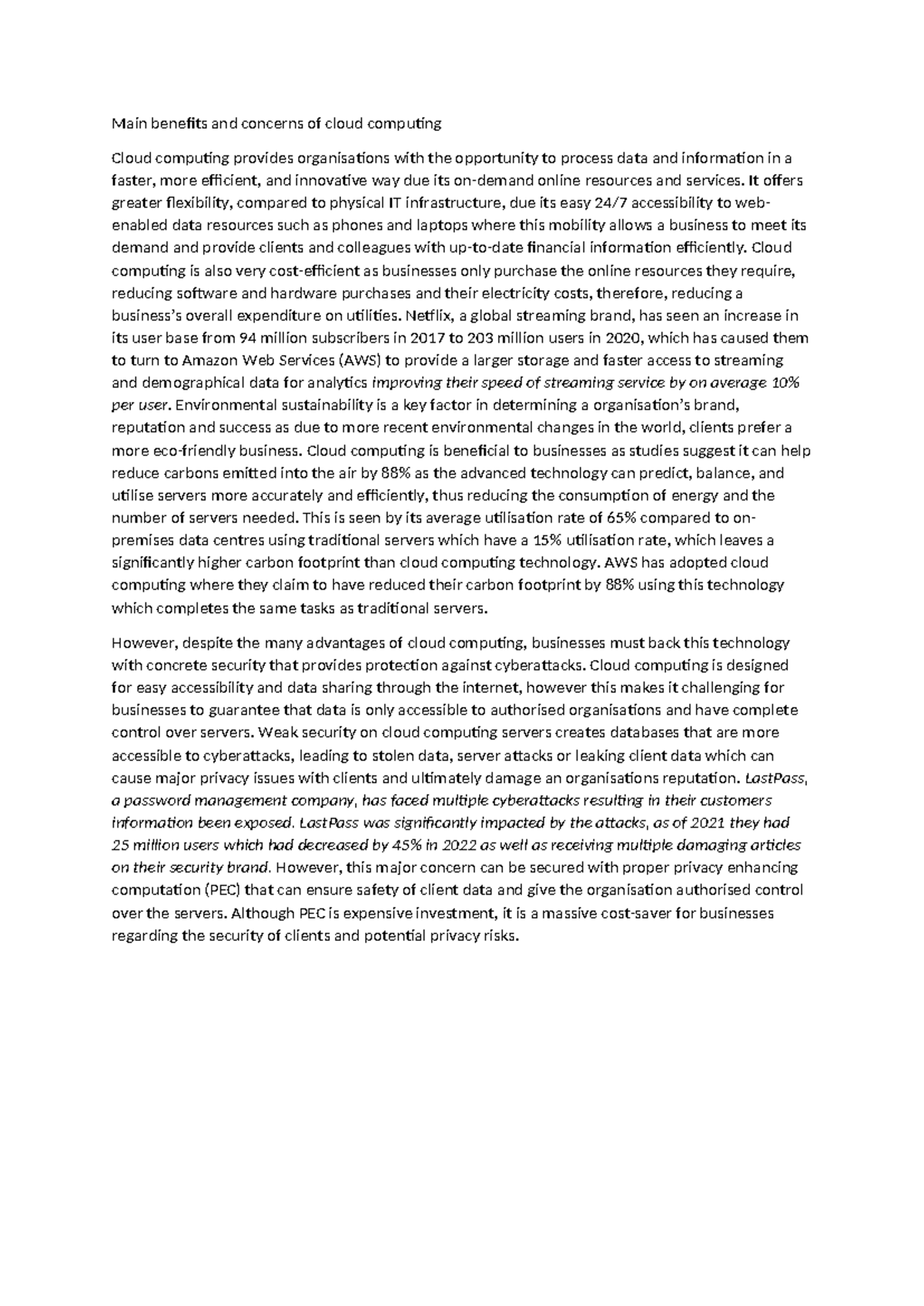 Main Benefits and Concerns of Cloud Computing - BIS Overview - Studocu
