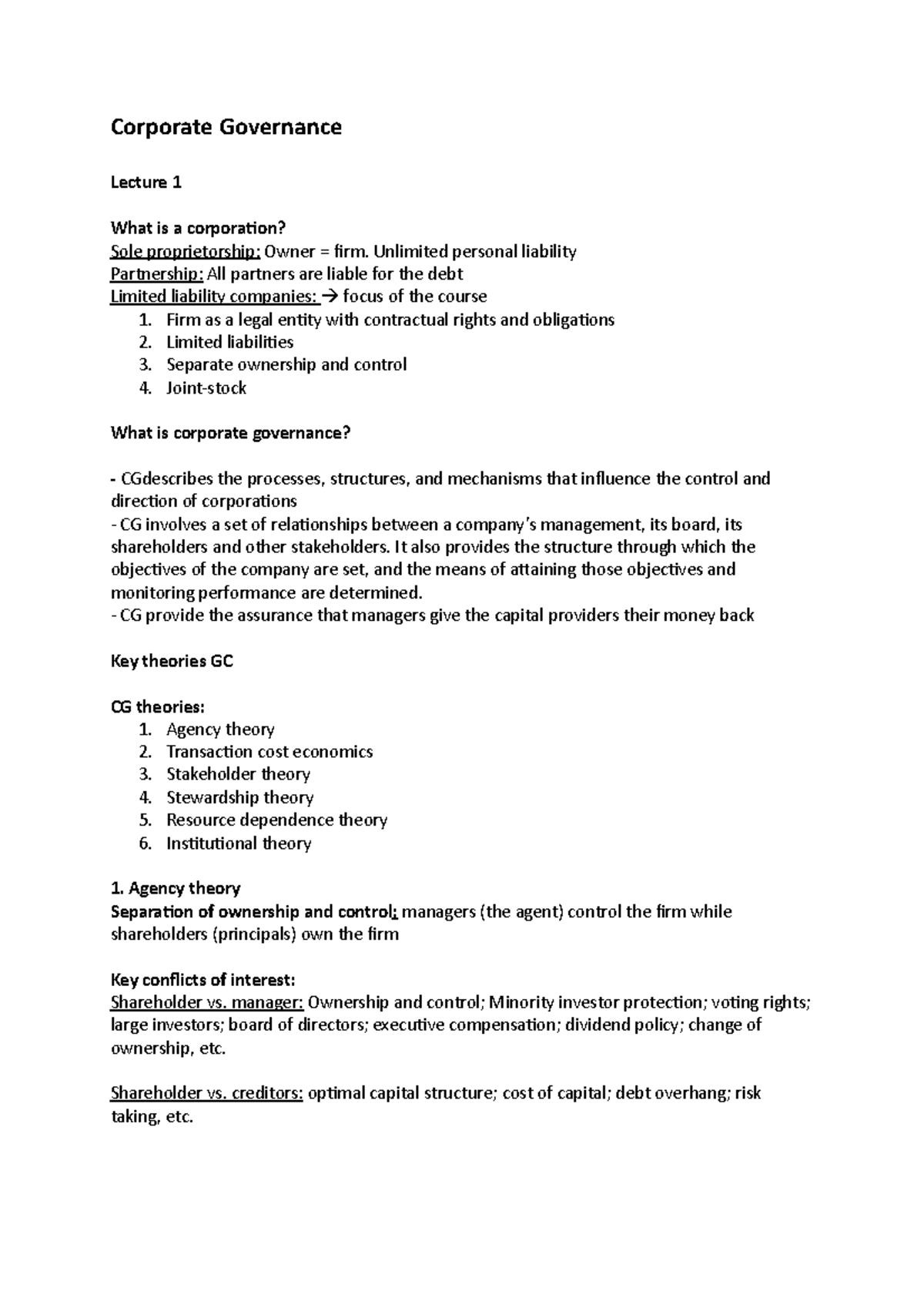 Corporate Governance Lecture 1 (Course Code: CG101) - Studeersnel