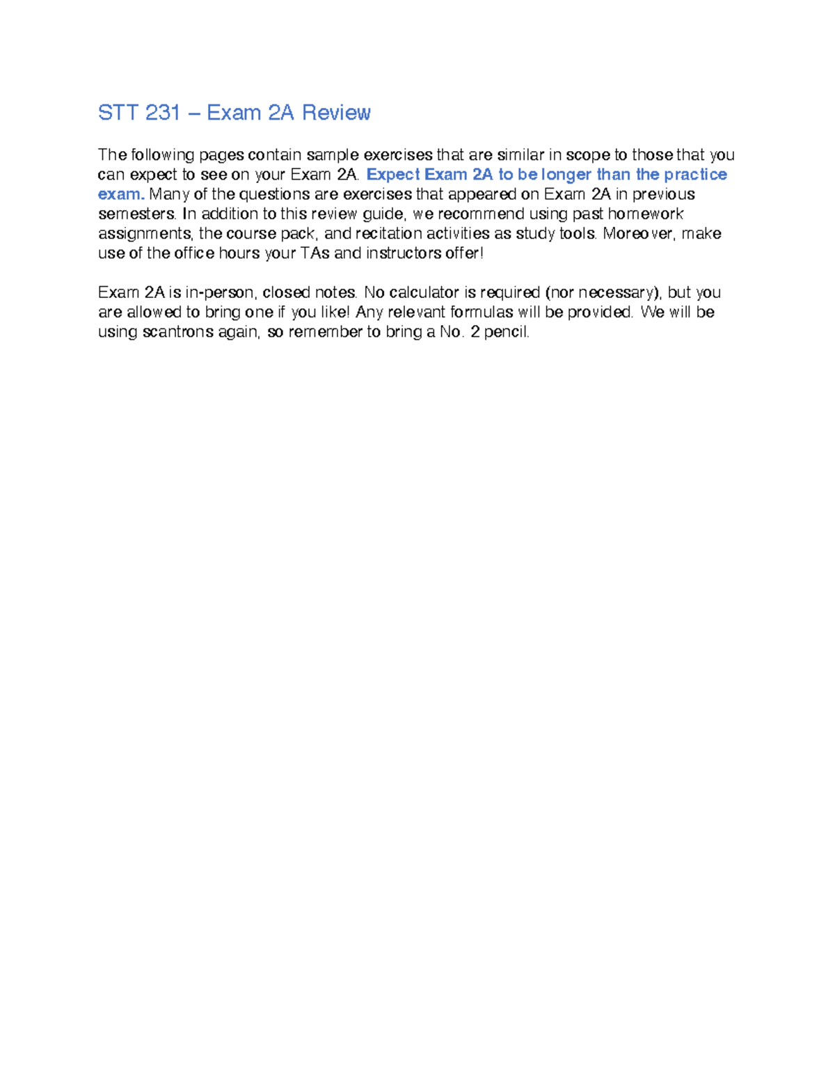 STT 231: Exam 2A Review and Practice Exam Solutions - Studocu