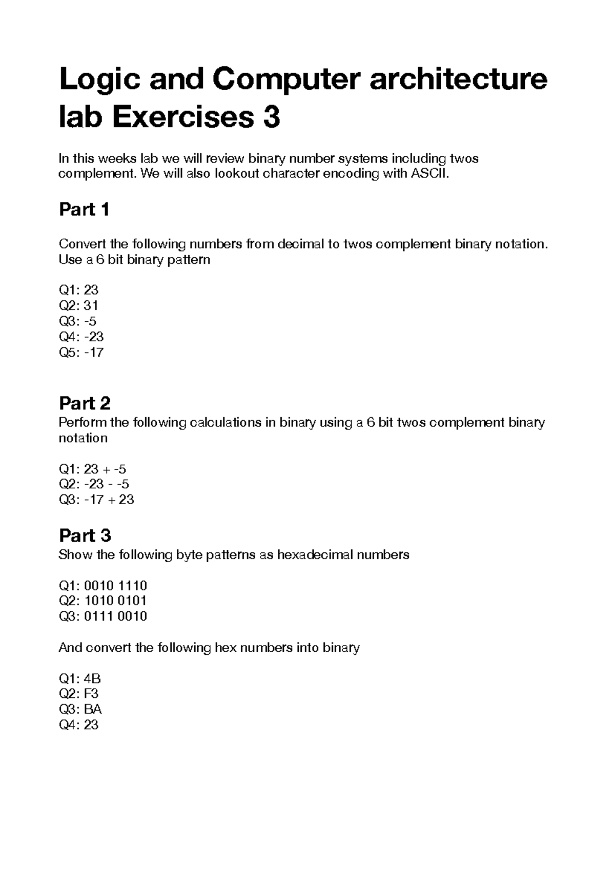 Logic and Computer Architecture Exercises: Lab 3 on Binary Systems ...