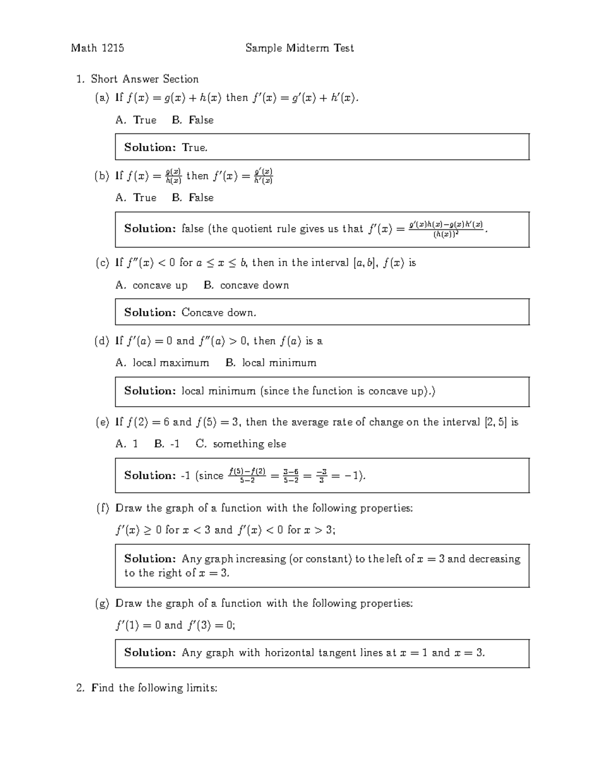 Midterm 2019, answers - Short Answer Section (a) Iff(x) =g(x) +h(x ...