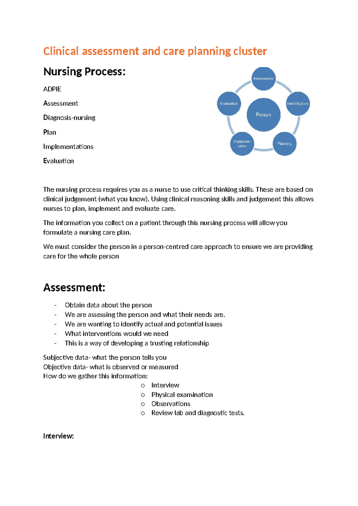 Nursing Process: ADPIE Clinical Assessment & Care Planning Notes - Studocu