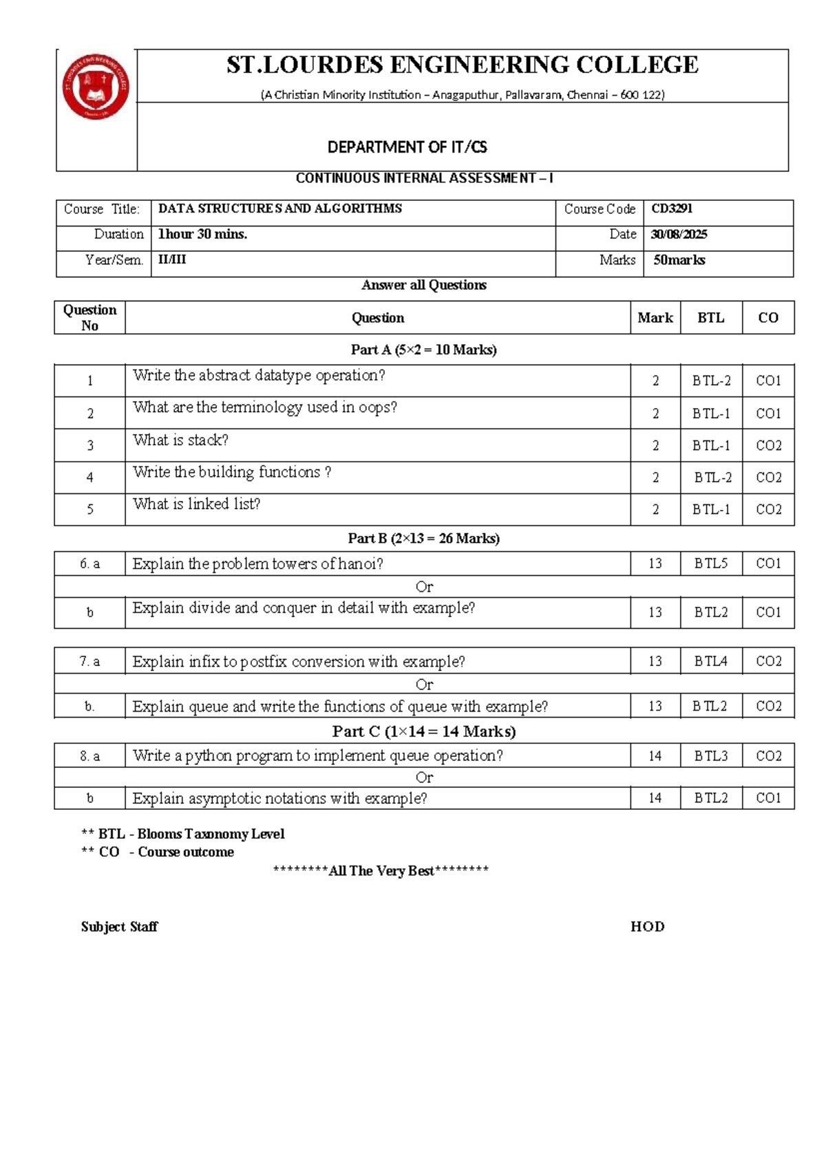 DSA CD3291 CIA 1 Question Paper - Data Structures & Algorithms - Studocu
