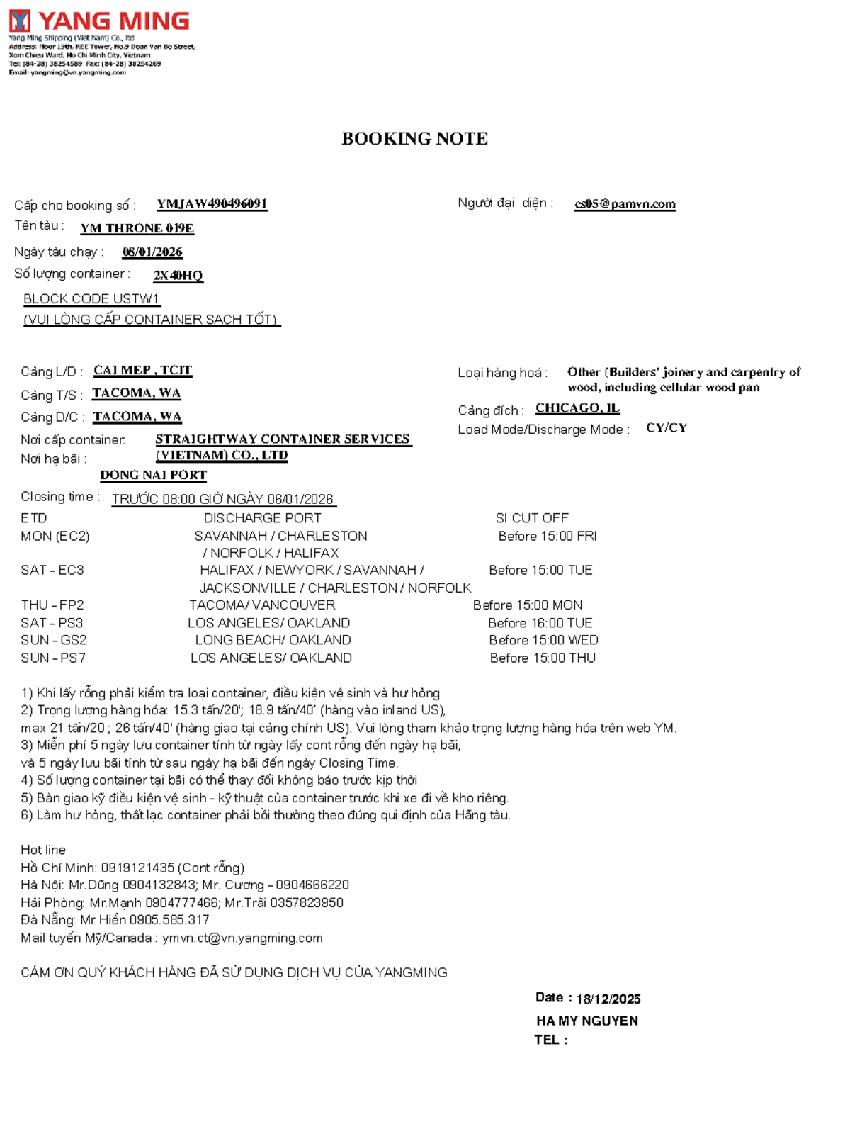 BKG #W490496091 - Booking Note for YMJAW490496091 - Studocu