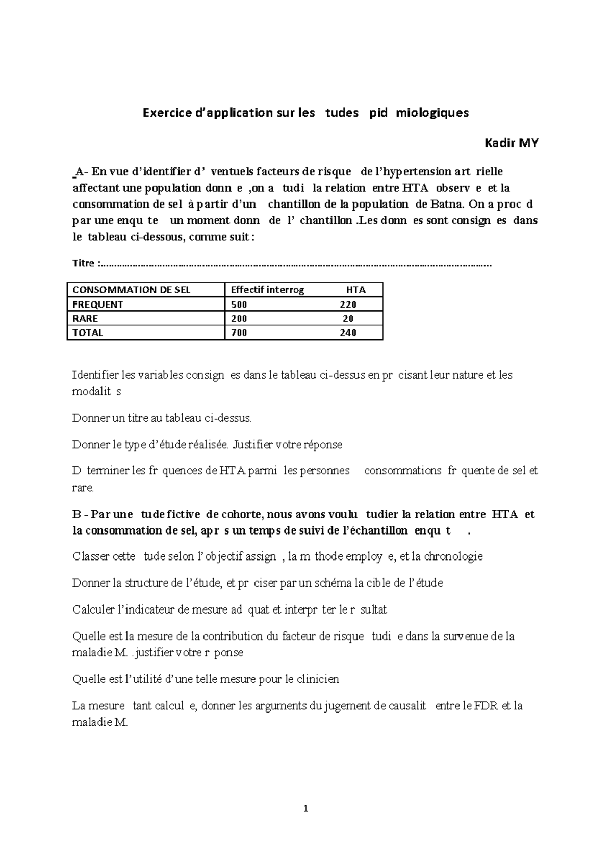 Exercice de Cohorte sur l'Hypertension et la Consommation de Sel ...