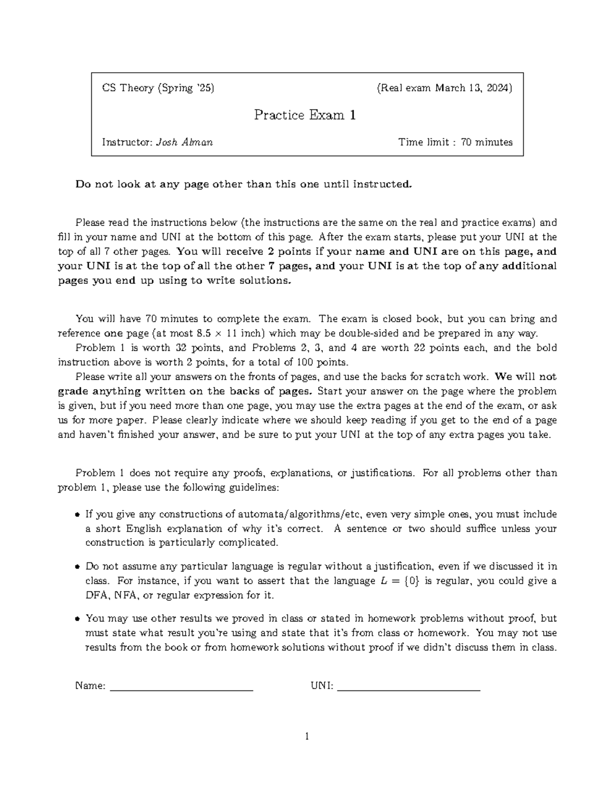 CST Sample Exam 1 Solutions 2025 Spring - CS Theory (Spring ’25) (Real ...