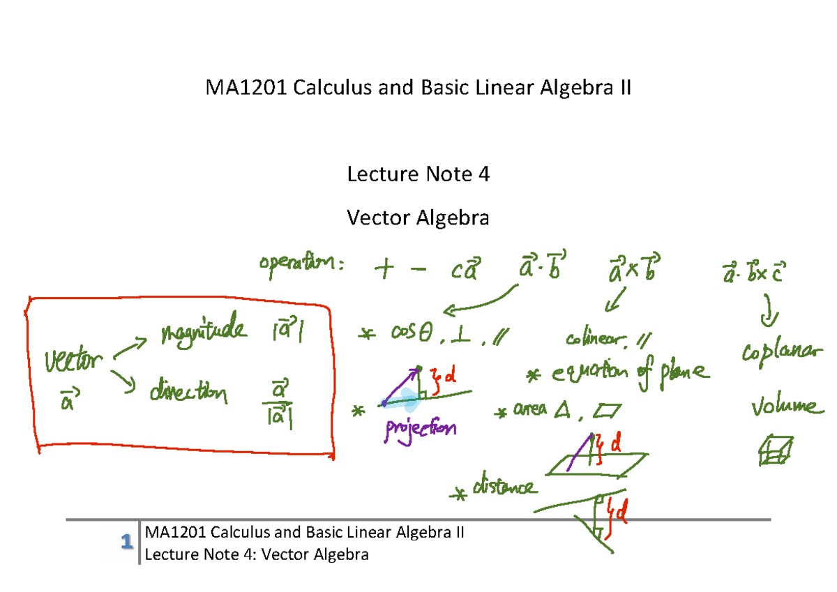 MA1201 Lecture Note 4: Vector Algebra Overview and Concepts - Studocu