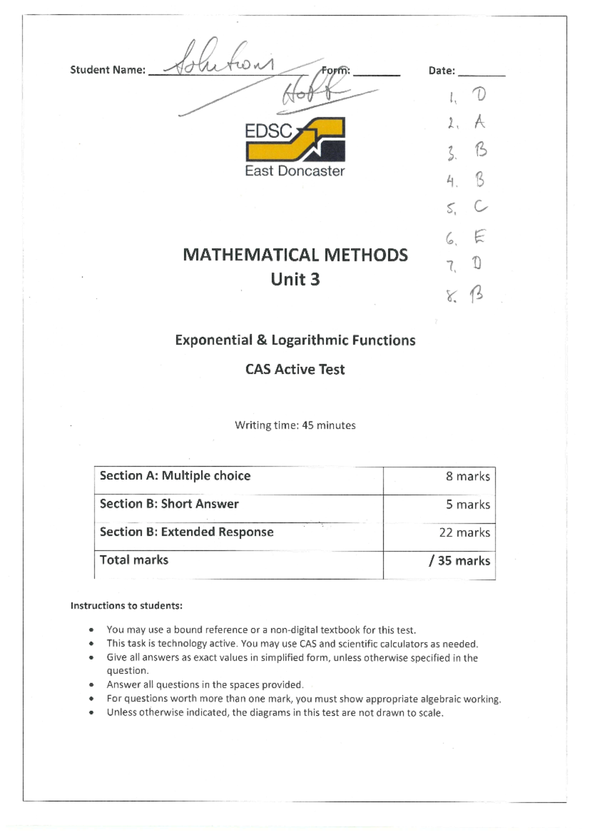 2024 Exp and Logs CAS Test ver 2 Solutions - Solution Student Name ...