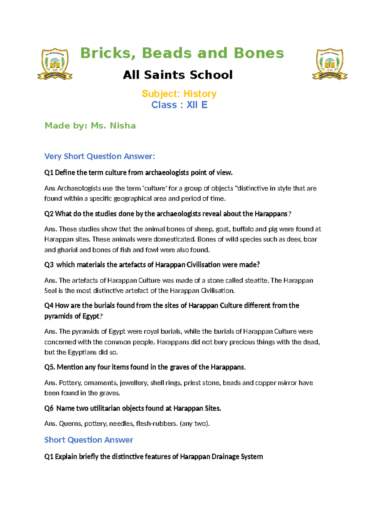 Class XII E History: Notes on Bricks, Beads & Bones - Studocu