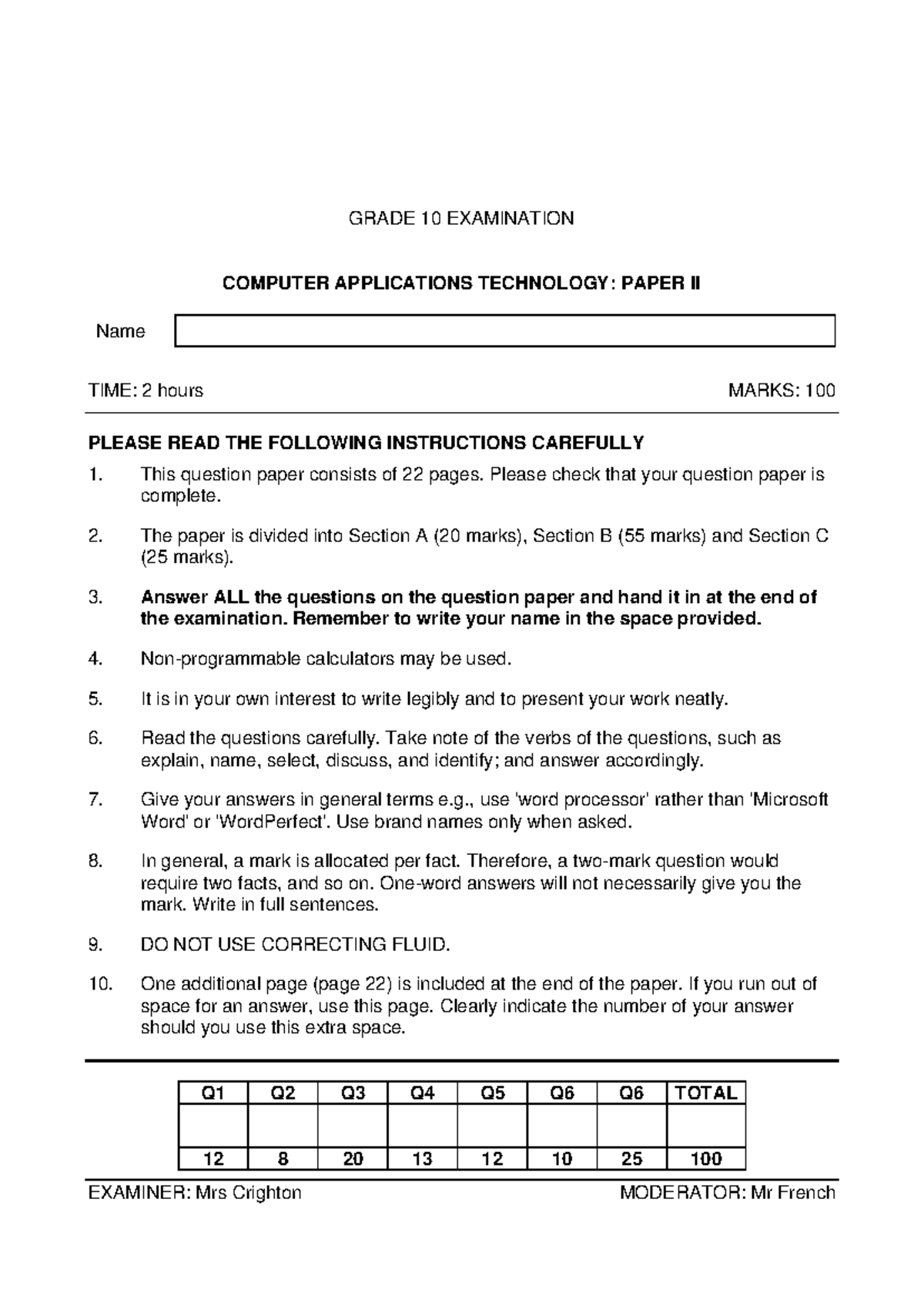 GRADE 10 COMPUTER APPLICATIONS TECHNOLOGY: PAST EXAM PAPER II - Studocu