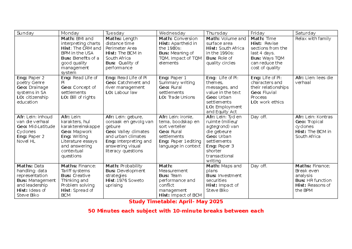 Study Timetable for May 2025: Subjects and Key Topics Overview - Studocu