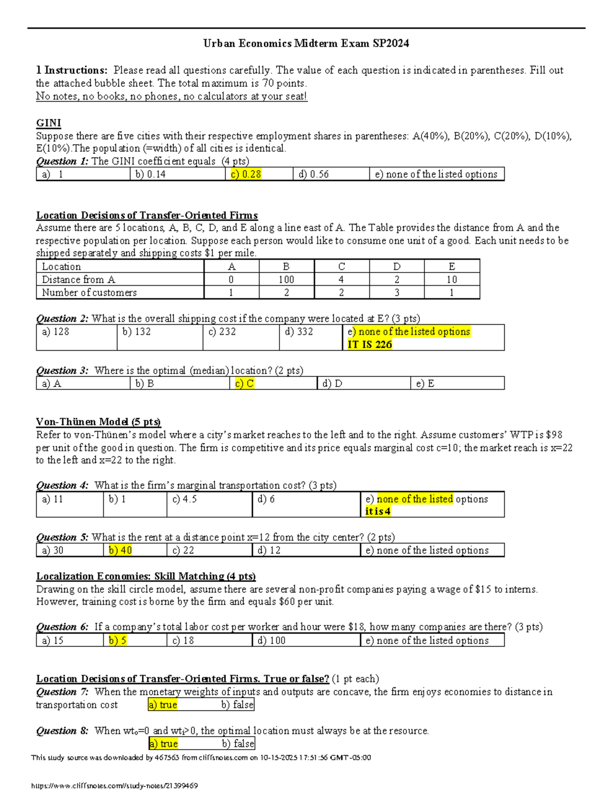 Urban Economics Midterm Exam SP2024: Answer Key and Solutions - Studocu