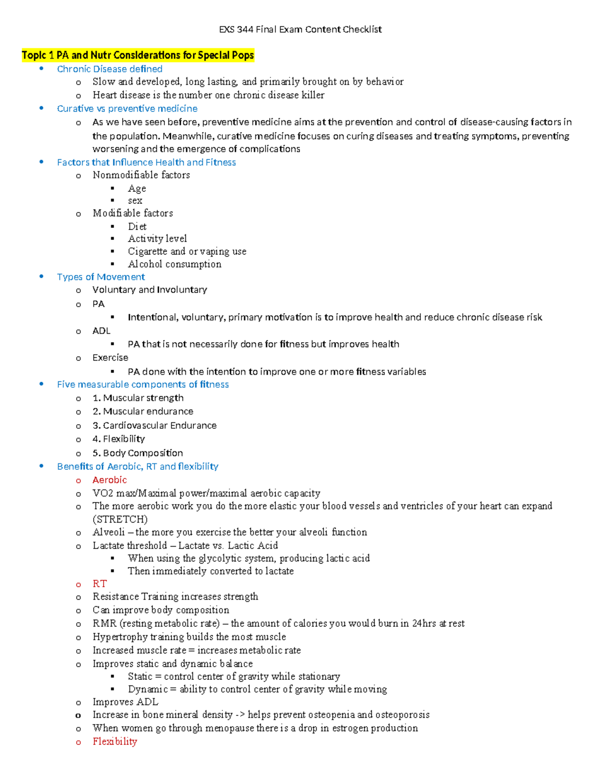 EXS 344 Final Exam Study Guide: Key Concepts in PA & Nutrition for ...